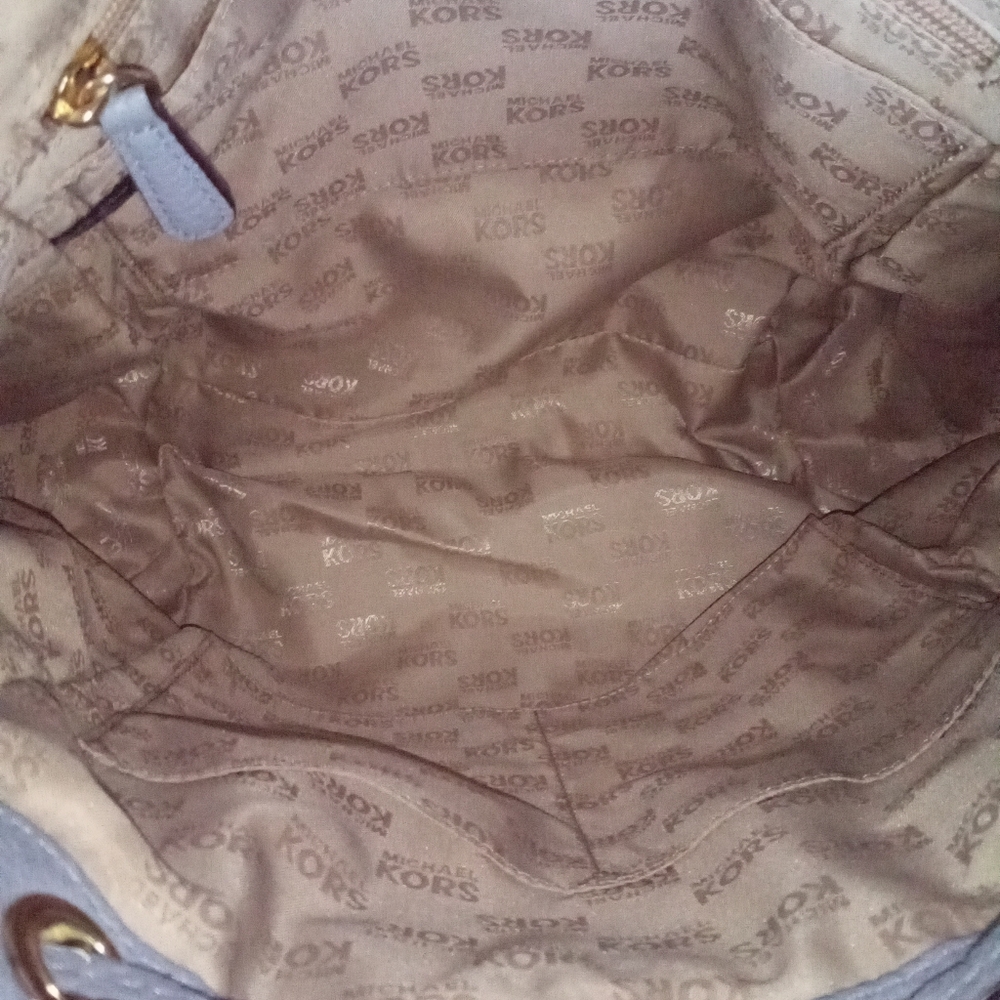Michael Kors Riley Powder Blue Pebbled Leather Gold Studded Drawstring Backpack - Picture 7 of 12